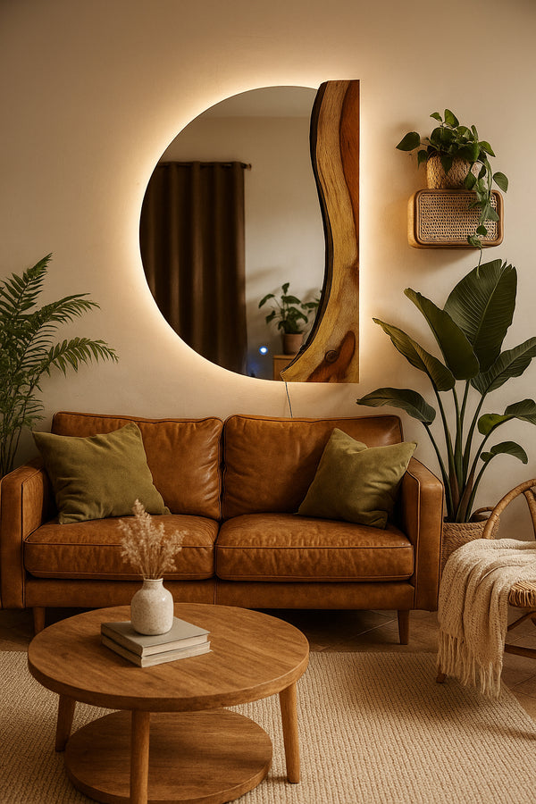Half Circle Live Edge Wood Wall Mirror – with Lighting