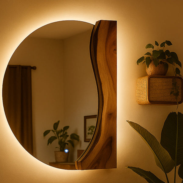 Half Circle Live Edge Wood Wall Mirror – with Lighting