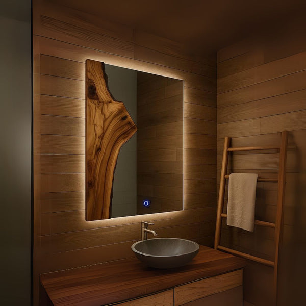 Square Live Edge Wood Wall Mirror – with Lighting