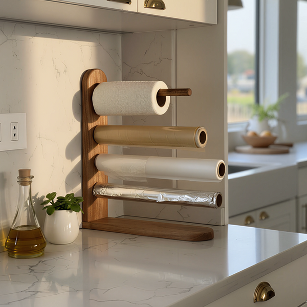 Kitchen Rolls Organizer – Premium Wooden 4-in-1 Dispenser