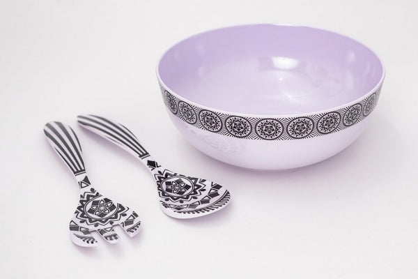 Melamine Round Serving Bowl with Fork and Spoon black and white .