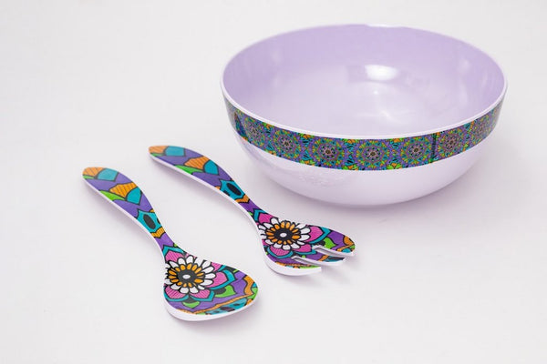 Melamine Round Serving Bowl with Fork and Spoon Mandala