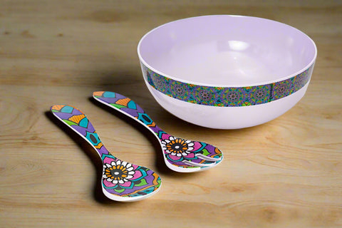 Melamine Round Serving Bowl with Fork and Spoon Mandala