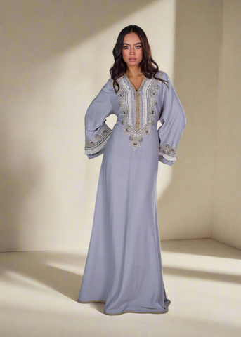 Beaded Linen Abaya Dress