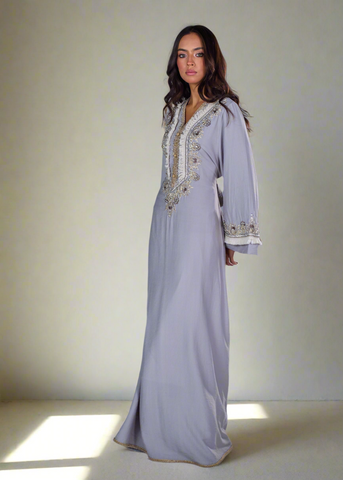 Beaded Linen Abaya Dress