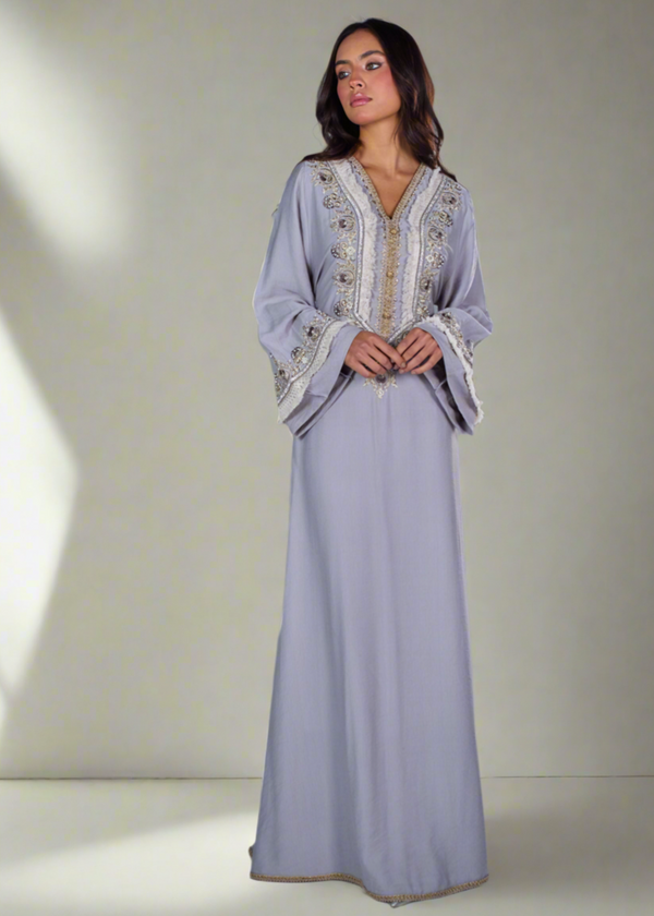 Beaded Linen Abaya Dress