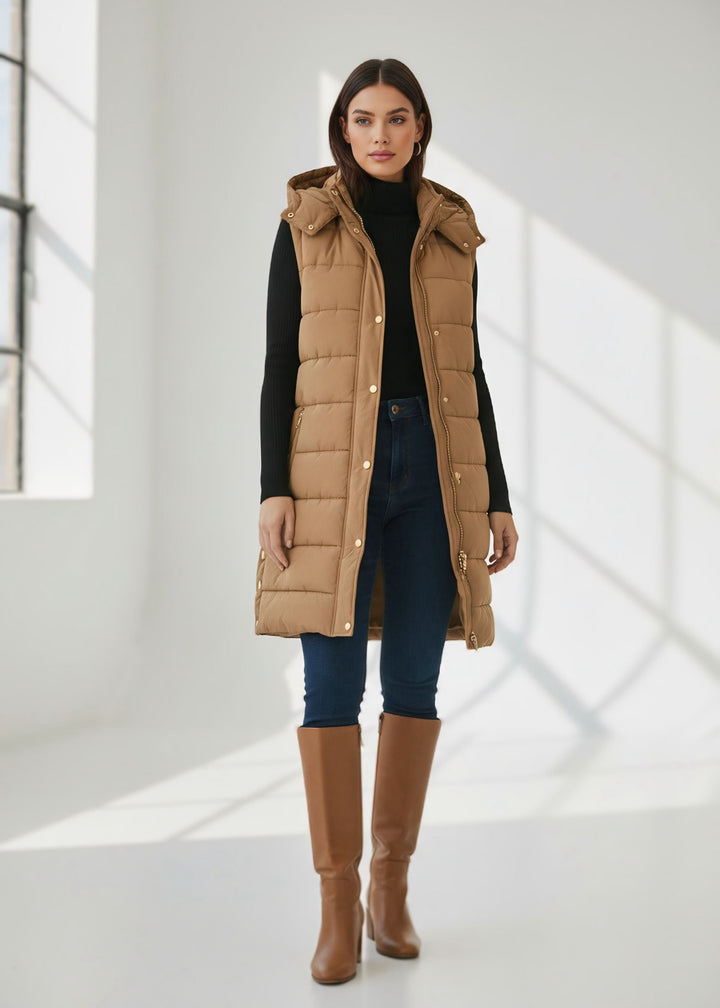 Long Puffer Hooded Vest