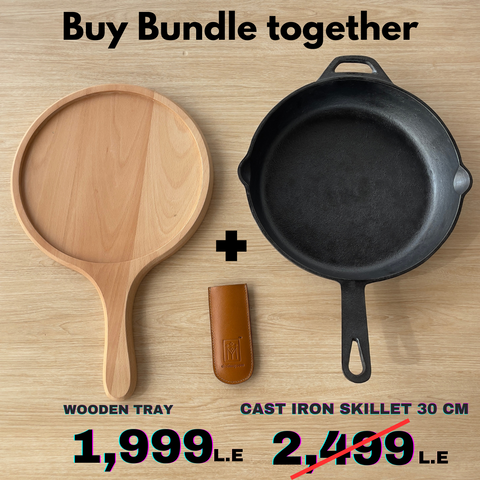 The Cast Iron Bundle: Skillet, Leather Handle, and Wooden Base - 30 cm