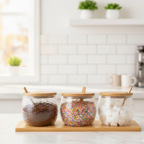 علبة بهارات زجاجية بغطاء خشبي