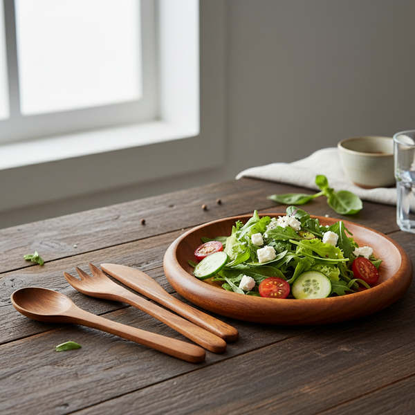 Wooden Plate with 20 cm Spoon, Fork, and Knife Set