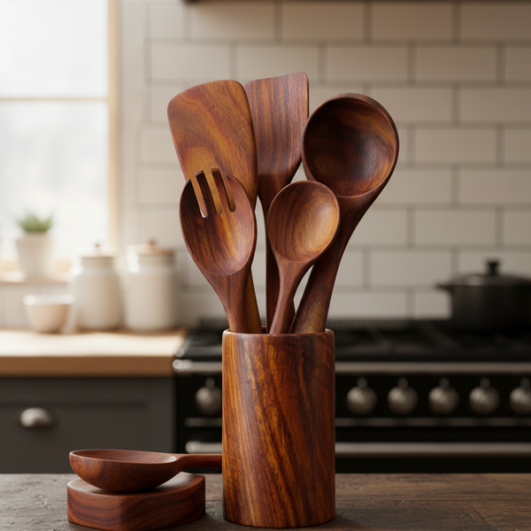 Wooden Cooking Utensils Set with Holder & Spoon Set 8 Pieces
