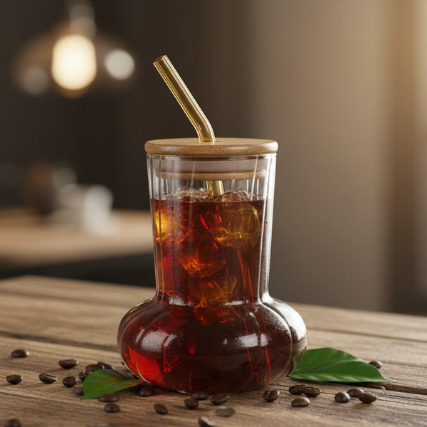 Ribbed Juice Glass With Bamboo Lid And Straw