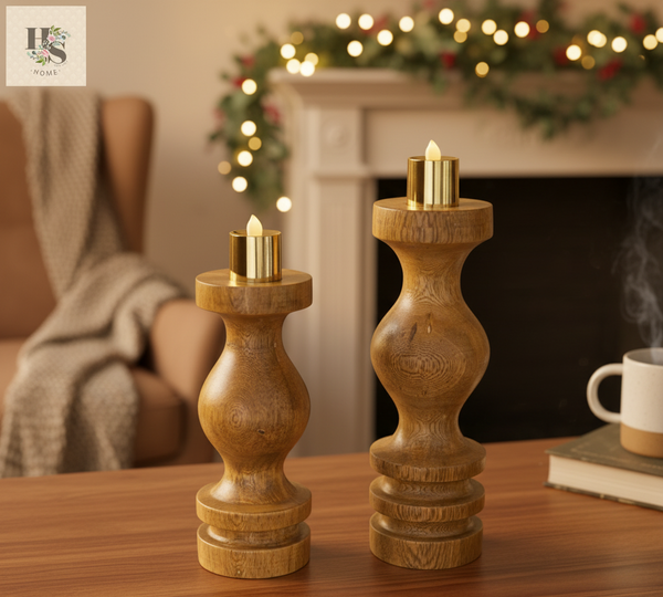 Set of Two Candles Holders Natural Wood