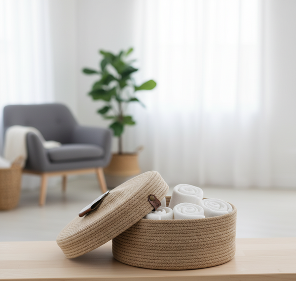 Beige Organizer Basket With Lid