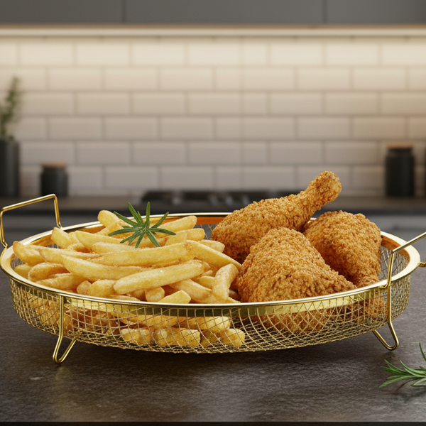Stainless Steel Mesh Frying and Grilling Basket Round Tray 30cm - Gold