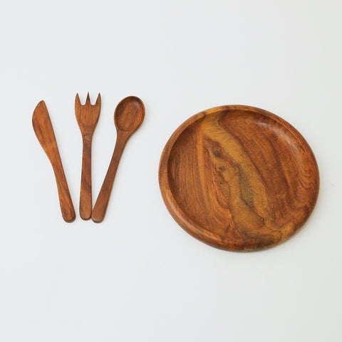 Wooden Plate with 20 cm Spoon, Fork, and Knife Set