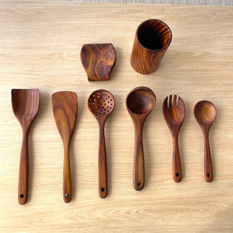 Wooden Cooking Utensils Set with Holder & Spoon Set 8 Pieces