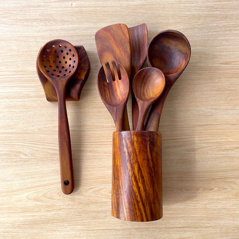 Wooden Cooking Utensils Set with Holder & Spoon Set 8 Pieces