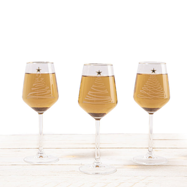 Allegra 6 Wine Glasses Set - Frosted Christmas Tree & Gold Detail