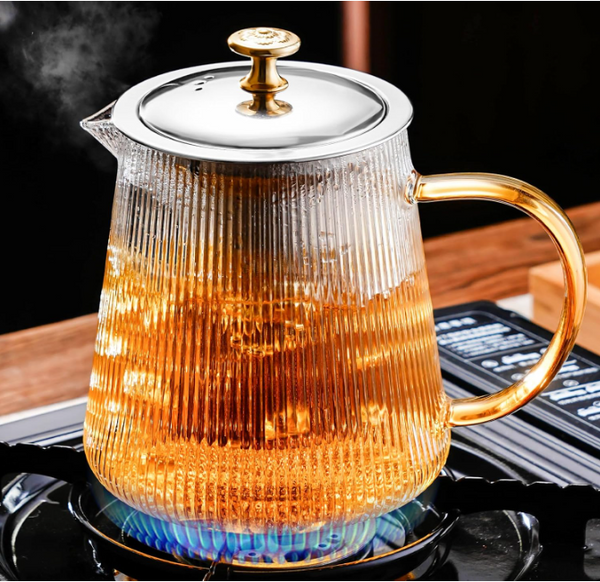 Glass Teapot Set with Infuser & 6 Ribbed Cups