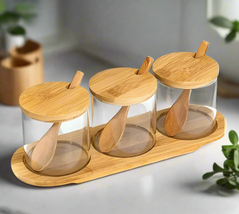 Glass spice container with wooden lid