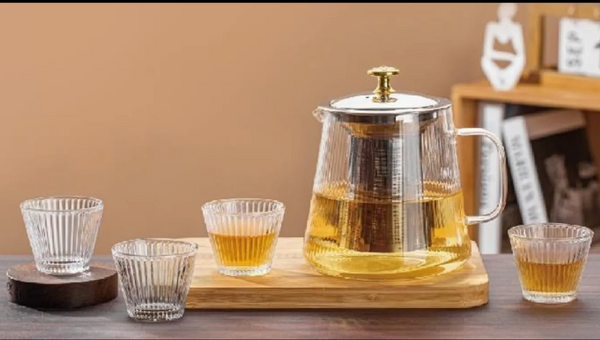 Glass Teapot Set with Infuser & 6 Ribbed Cups