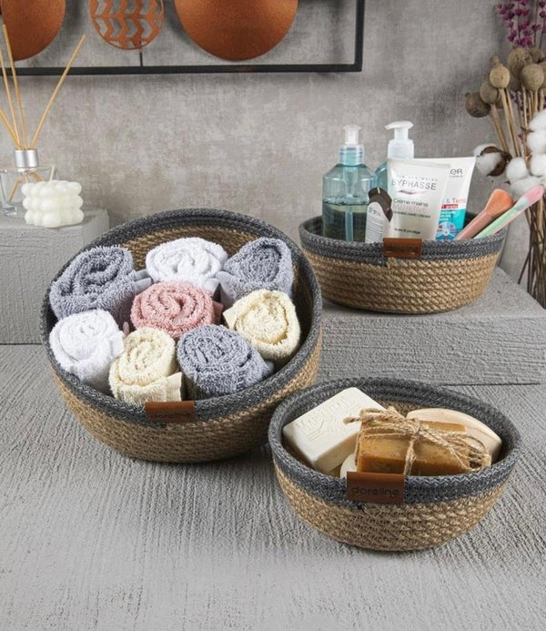 Set of three woven jute bowls