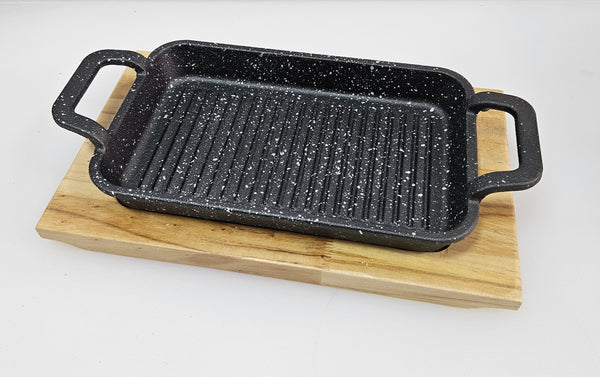 Cast Iron Square Grill With Handle And Wooden Base