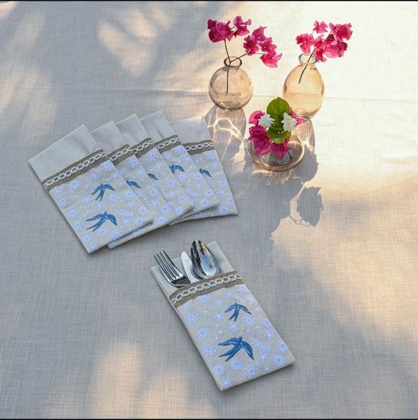 Birds & Flowers Cutlery Sleeve Set Of 6