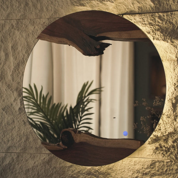Round Live Edge Wood Wall Mirror - Two Pieces Of Live Edge Wood - With Lightning