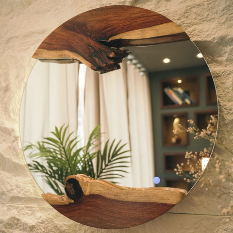 Round Live Edge Wood Wall Mirror - Two Pieces Of Live Edge Wood - With Lightning