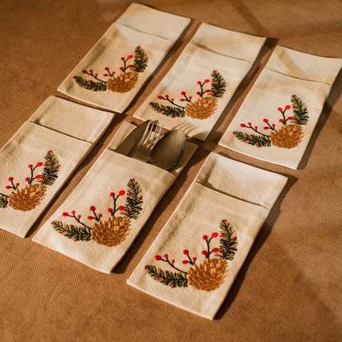 Pine Cone Blossom Cutlery Sleeves Set Of 6